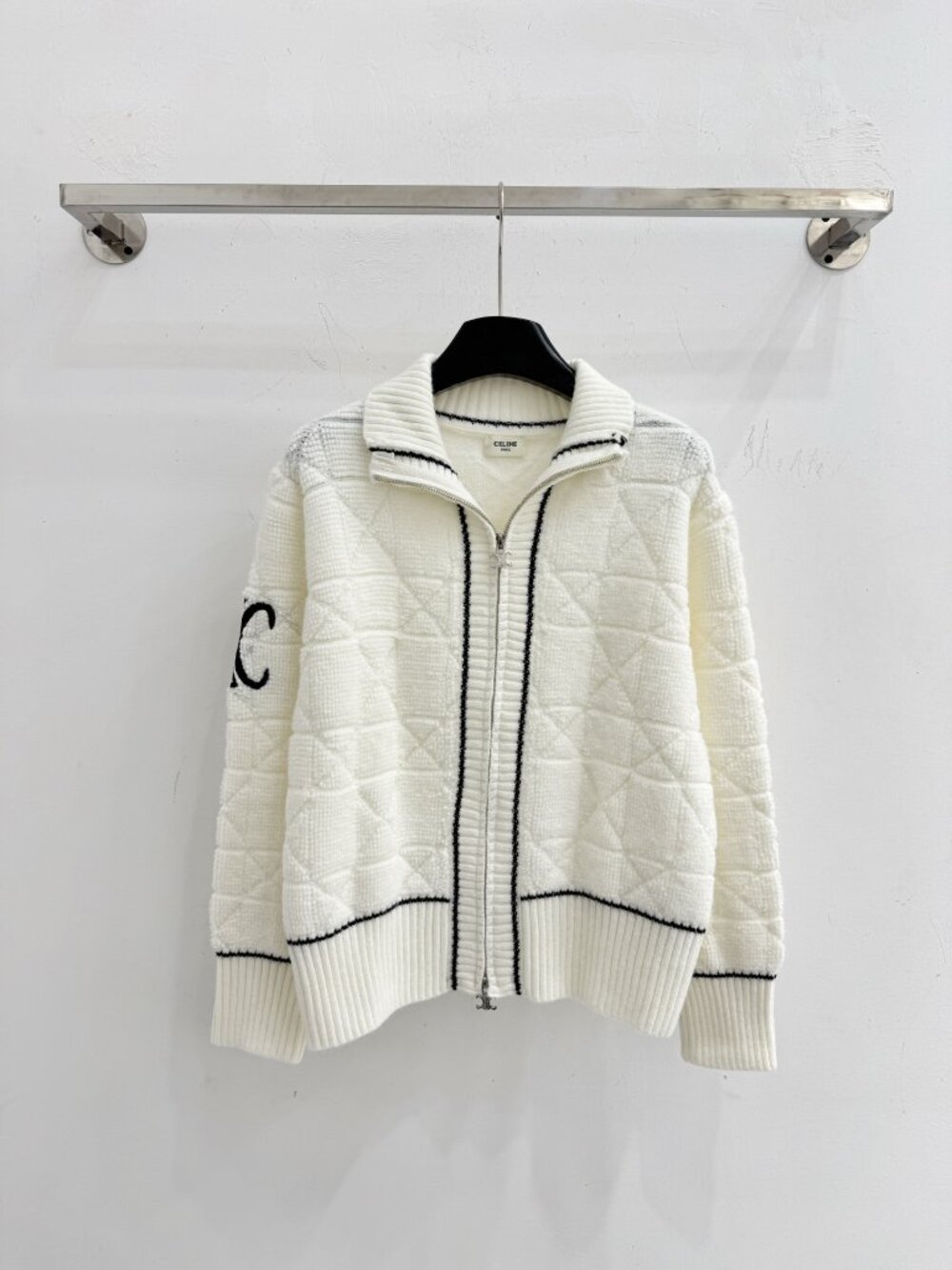 🤍 Celine White Quilted Knit Zip Jacket Triomphe